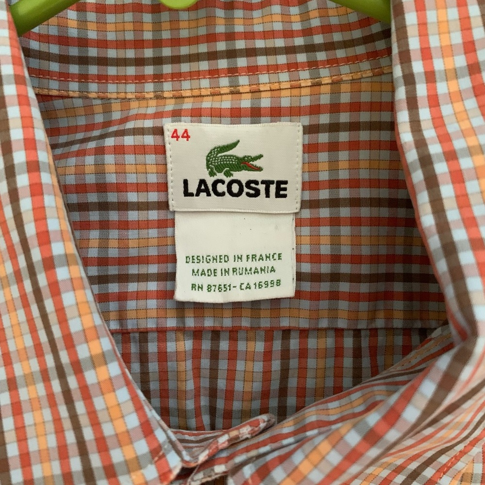 Lacoste Size XL 44 Men's Orange Brown Plaid Shirt